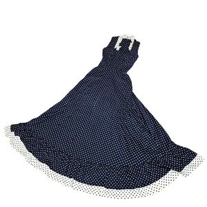 Vintage 1970s Dress Navy Blue White Hearts Ruffle Sweetheart Neckline Maxi Gown